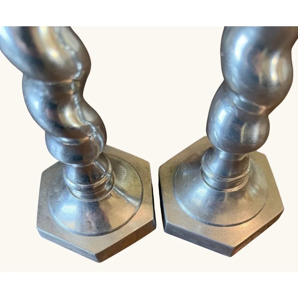 Vintage Cast Aluminum Candlesticks Pair Silver Tone Barley Twist Taper India